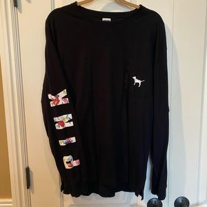 VICTORIAS SECRET PINK BLACK LONG SLEEVE TEE! BUTTER SOFT FLOWER DETAIL SZ  LARGE